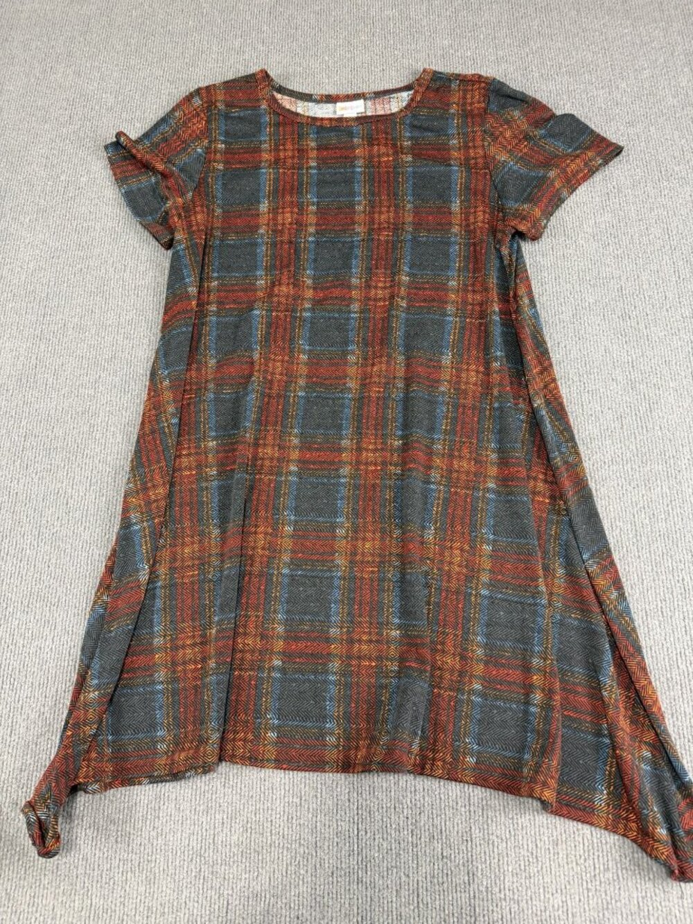 LuLaRoe Womens Plaid Asymmetrical Hem Short Sleeve Top XL Multicolor